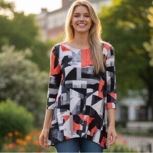 Alfani, PL, Women's, AbstractGeometric Swing Top Tunic 3/4 Sleeve Blue Blk Coral